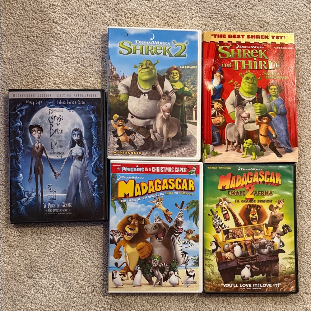 Set of 4 Assorted Animated Movie DVD Collection-Shrek, Madagascar & Corpse Bride